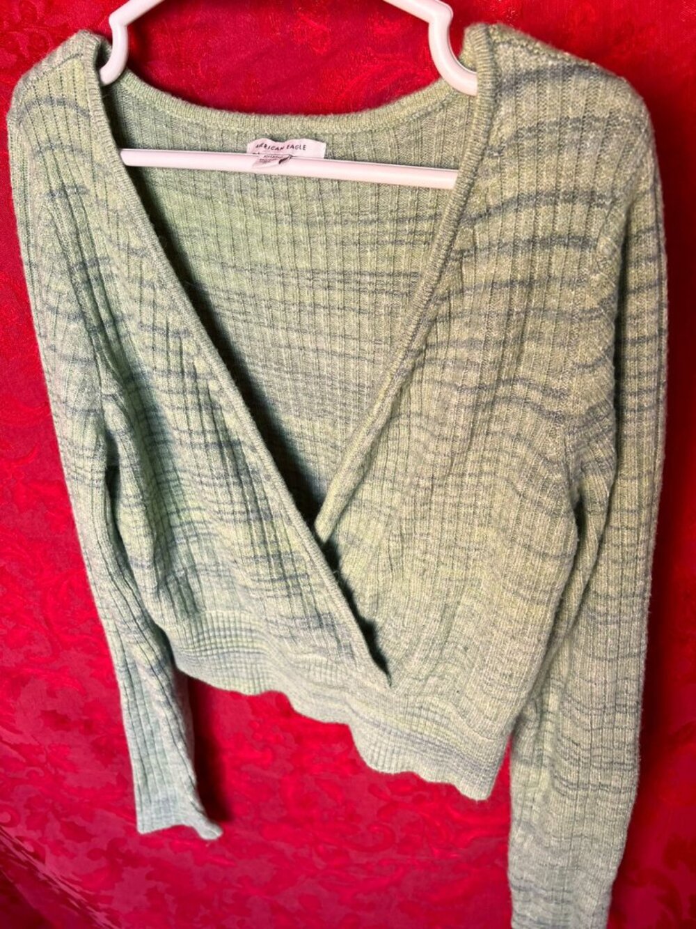 American Eagle Ribbed Wrap Front Cropped Sweater Green XL